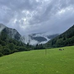 Der Maierhof zeigt sich von einer seiner spektakulären Seiten. Die Schlote der rauchenden Füchse mit Kuhherde: